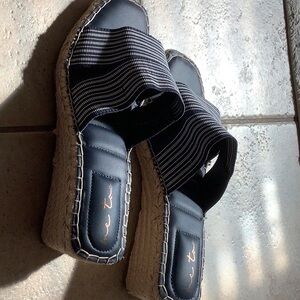 Me Too navy stripe espadrille wedge sandal, size 8.5 barely worn